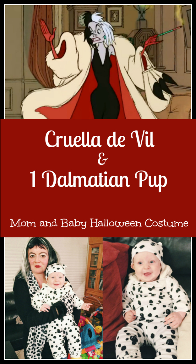 Cruella de Vil and Dalmatian mom and baby halloween costume